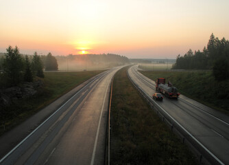 Highway in Finland at sunrise