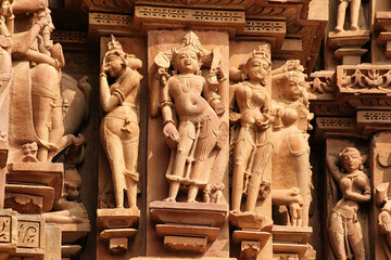 Close up of artful carved walls, Ancient reliefs at famous erotic temple in Khajuraho, Madhya...