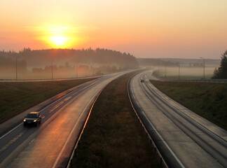 Highway in Finland at sunrise