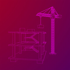 Building under construction with crane. Build house construct in process. Wireframe low poly mesh vector illustration