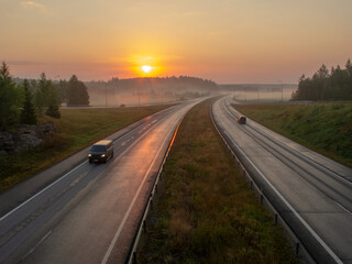 Highway in Finland at sunrise