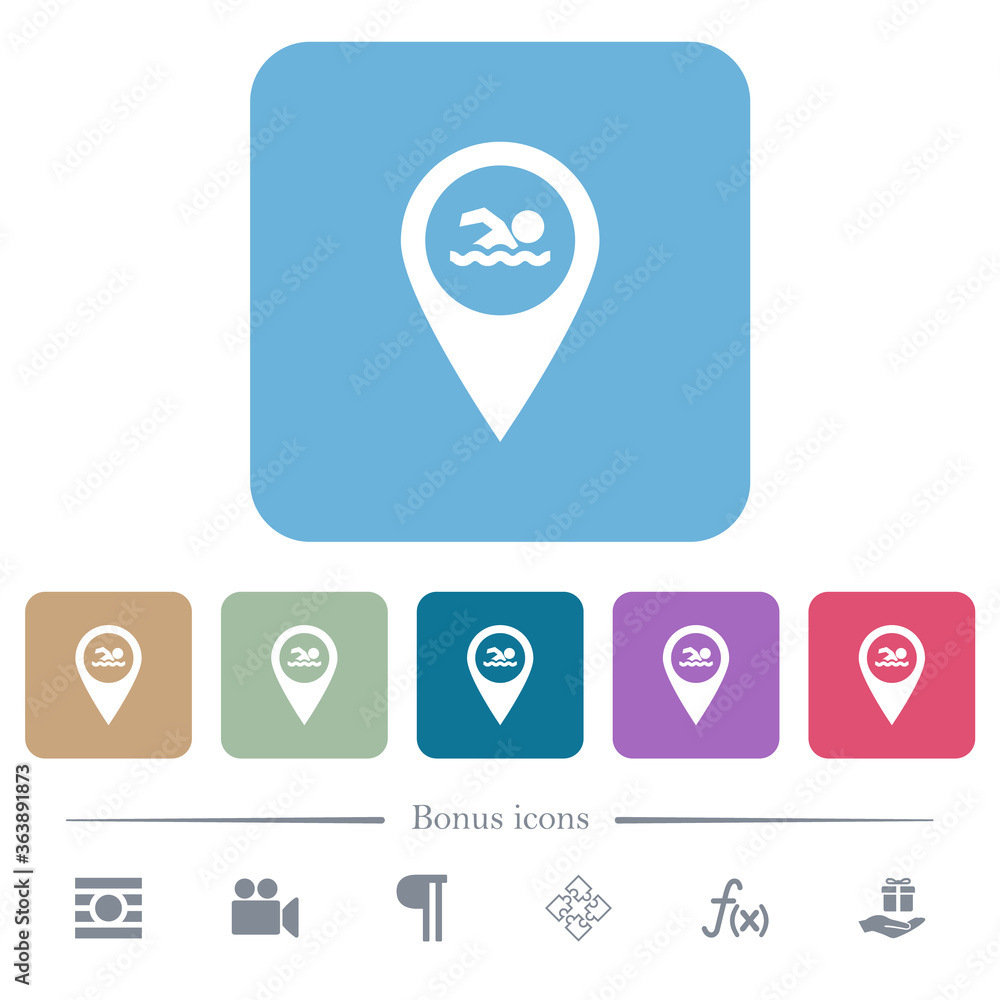 Poster swimming pool gps map location flat icons on color rounded square backgrounds
