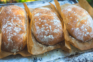 .Freshly baked ciabatta at home.Natural leaven