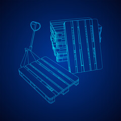 Hand pallet jack lift. Manual forklift with cargo pallet for warehouse. Logistics shipping concept. Wireframe low poly mesh vector illustration.