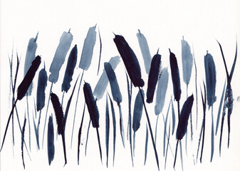 Watercolor painting with monochrome cattail grass. Peaceful serene oriental landscape with plants in Chinese Ink style. Concept for relaxing soothing meditation background. Abstract nature artwork. © Sergey Pekar