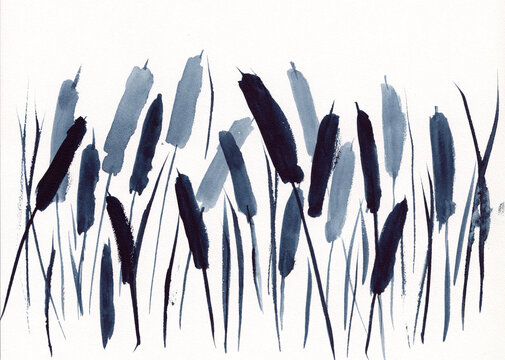 Watercolor painting with monochrome cattail grass. Peaceful serene oriental landscape with plants in Chinese Ink style. Concept for relaxing soothing meditation background. Abstract nature artwork.