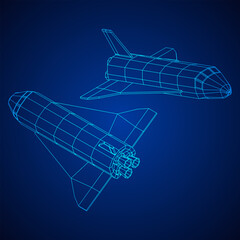 Space ship shuttle. Wireframe low poly mesh vector illustration.