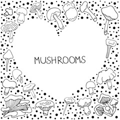 Mushrooms. Doodle style. Vector isolated illustration with chanterelles, russules, oyster mushrooms, white mushrooms on a white background.  Design of logos, books, albums, and magazines. 