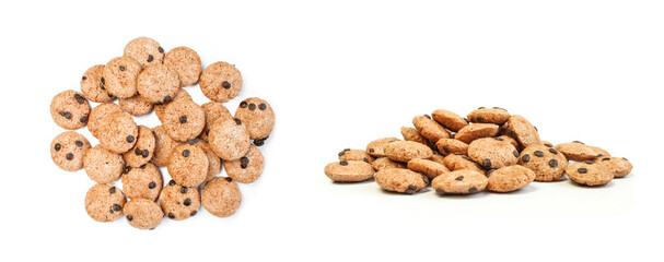 Pile of dry cookies from different angles isolated on white background. Crunchy flakes/cereals with chocolate 