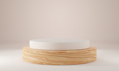 Wood cylinder shape background in the white studio room, minimalist mockup for podium display or showcase, 3d rendering.