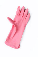 Single pink glove made of rubber isolated on white background. Cleaning handwear 