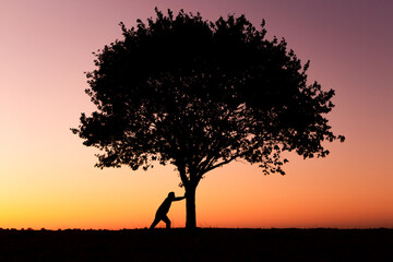 A silhouette of a man pushing a silhouette of a tree in front of a sunset