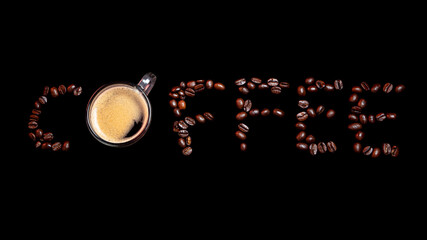 A coffee word with a cup of coffee on a black background