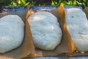 .Proofing dough for ciabatta. Natural bread sour dough