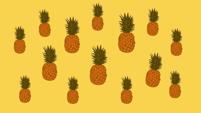 Bright funny yellow background with dancing pineapples. Vj clip. Fruit billboard background.