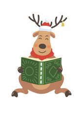 Cute Christmas deer reading book on white background. Christmas, New Year greeting vector illustration for educational projects.