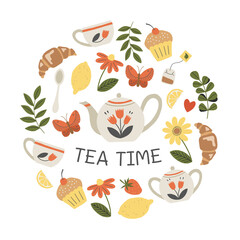 Tea time. Teapot, cups, garden flowers and desserts. Summer picnic concept. Vector illustration.
