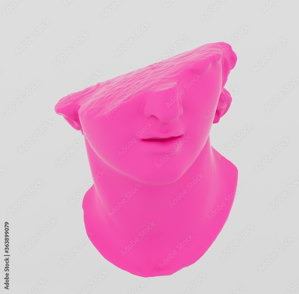 Poster fragment of broken pink hellenistic colossal head sculpture in classical antique style isolated on w