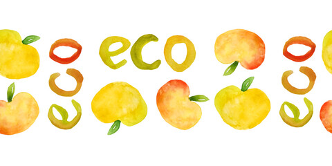 Watercolor hand drawn seamless horizontal border food packaging with apples fruit peaches and words eco lettering letters. For organic healthy ecological concept, natural food labels. Illustration
