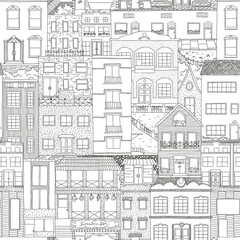 Seamless vector pattern with houses. Hand drawn digital illustration in black and white.
