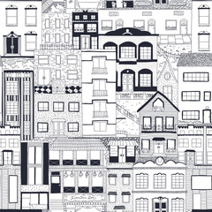 Fototapeta premium Seamless vector pattern with houses. Hand drawn digital illustration in black and white. 
