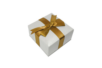 Gift box with gold ribbon isolated on white background. Small Jewelry/holiday box macro