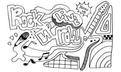 Rock'n'roll sign and doodle style for banner,invitation,concept design on white background.