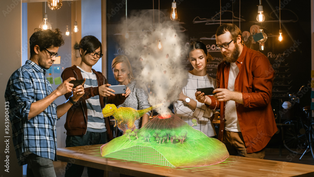 Poster Group of Young Developers Look at Dinosaur and Volcano Eruption in Augmented Reality Through Smartphone. They're Working on the New Virtual Reality Game or Studying History and Geology.