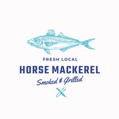 Fredh Local Horse Mackerel Smoked and Grilled. Abstract Vector Sign, Symbol or Logo Template. Hand Drawn Fish with Classy Retro Typography, Tongs and Knife. Restaurant or Cafe Emblem.