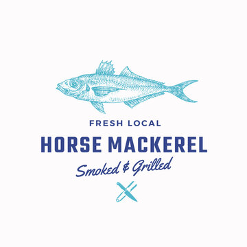 Fredh Local Horse Mackerel Smoked and Grilled. Abstract Vector Sign, Symbol or Logo Template. Hand Drawn Fish with Classy Retro Typography, Tongs and Knife. Restaurant or Cafe Emblem.