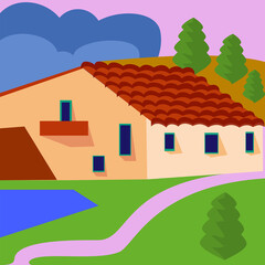 Farm landscape with fields and farmhouse. Vector illustration - 363902288