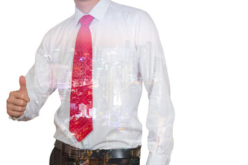 Double exposure of businessman give a thumbs up for compliment and cityscape in the night isolated...