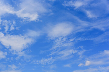 Cloudscape. Blue sky with large and small white clouds. Beautiful clouds slowly float against the blue sky.