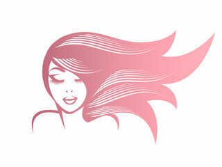 Beautiful woman with long, wavy hairstyle and elegant makeup.Hair salon and beauty studio logo.Cosmetics and spa icon.Young lady face.Front view portrait.Smiling girl.