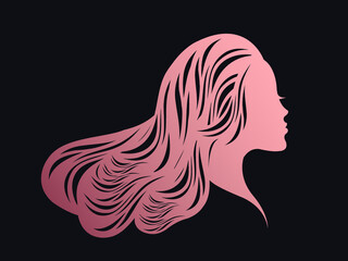 Hair salon illustration.Beautiful woman portrait silhouette.Long, wavy hair.Profile view.Cosmetics and spa icon isolated on dark background.