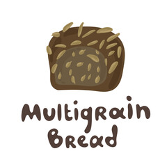 Black multigrain bread. Vector drawing of rye bread. Cute flat style. Funny clipart stock illustration. Icon for menu. Template for cafe or bakery design. Bread and harvest theme.