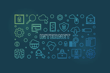 Internet vector concept outline colorful horizontal illustration or banner on dark background