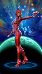 Futuristic Warrior in a Red dress, space and Planet with stars, 3d illustration
