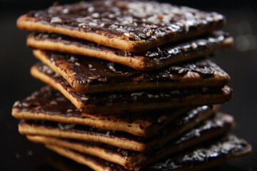 dry bread with the basis of wheat with a mixture of chocolate, sugar and grated coconut. snacks with sweet and salty taste. wafer with a dark background