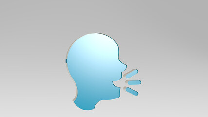 TALKING made by 3D illustration of a shiny metallic sculpture on a wall with light background. phone and business