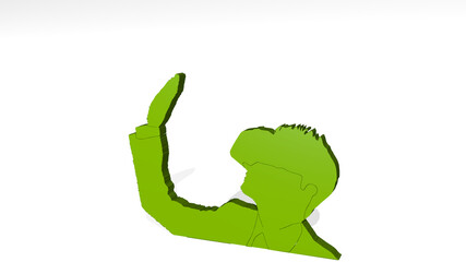 virtual reality on the wall. 3D illustration of metallic sculpture over a white background with mild texture. concept and business