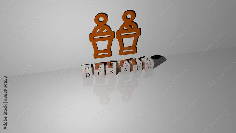Poster 3d graphical image of debate vertically along with text built by metallic cubic letters from the top