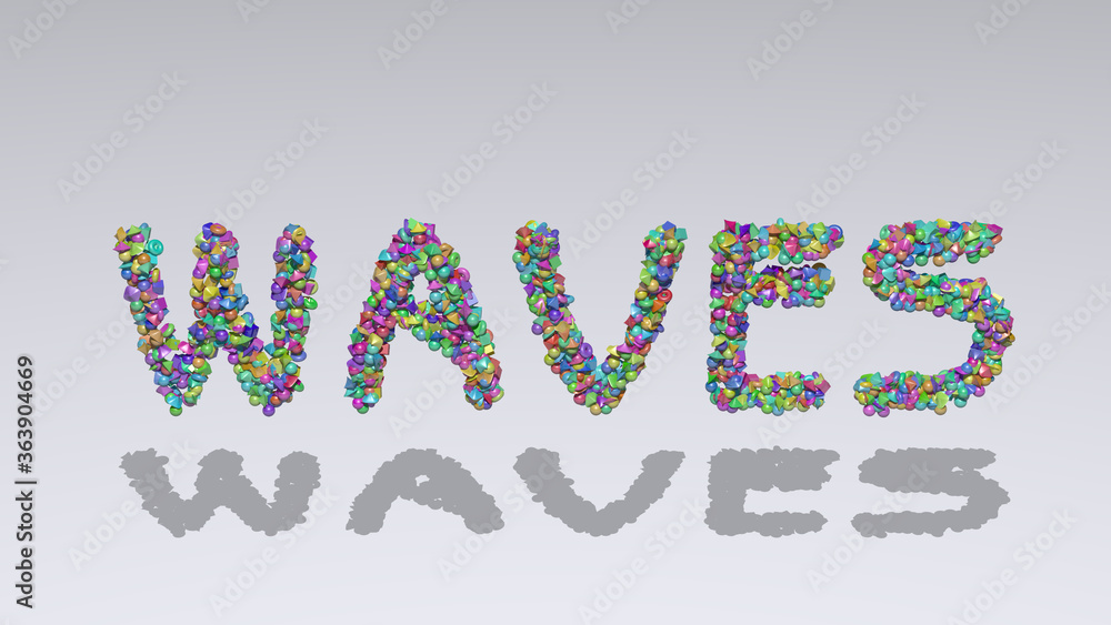Poster colorful 3d writting of waves text with small objects over a white background and matching shadow. a