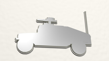 military vehicle from a perspective on the wall. A thick sculpture made of metallic materials of 3D rendering. army and illustration