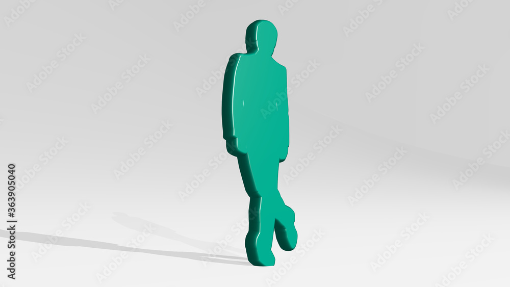 Poster man from a perspective with the shadow. A thick sculpture made of metallic materials of 3D rendering