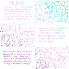 Freelance work. Doodle style.  Vector isolated illustration with work environment elements on a white background. Work at home. Individual elements in the office.  
