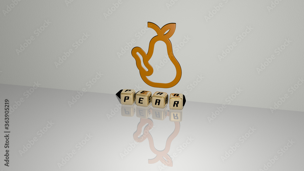 Poster 3d representation of pear with icon on the wall and text arranged by metallic cubic letters on a mir