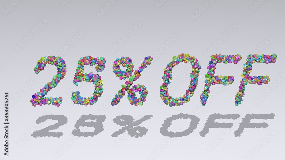 Poster colorful 3d writting of % off text with small objects over a white background and matching shadow