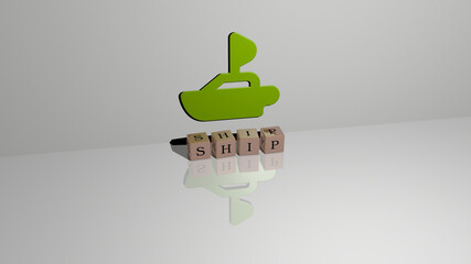 3D graphical image of ship vertically along with text built by metallic cubic letters from the top perspective, excellent for the concept presentation and slideshows. boat and illustration