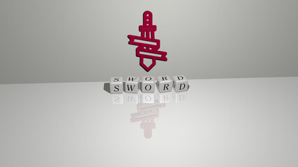 3D illustration of sword graphics and text made by metallic dice letters for the related meanings of the concept and resentations. background and ancient